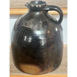 Antique Brown Glazed Primitive Stoneware Moonshine Jug Whiskey Crock 10.5" Tall